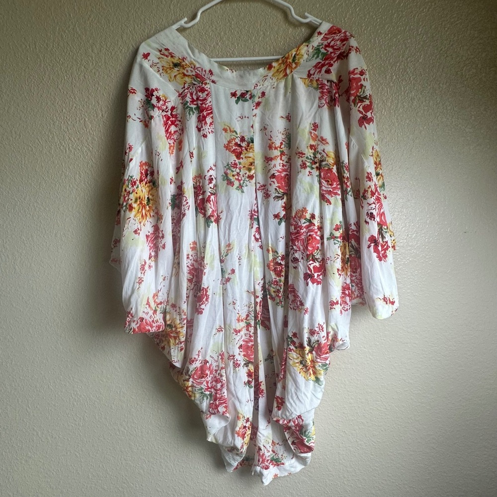 Floral Kimono‎ Cardigan Boho Vibrant Colorful Rose Batwing Sleeve Open Front
